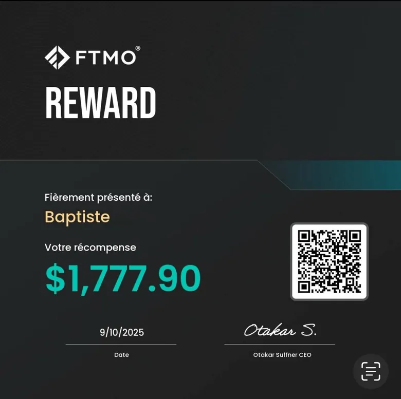 Certificat de retrait FTMO obtenu par Baptiste