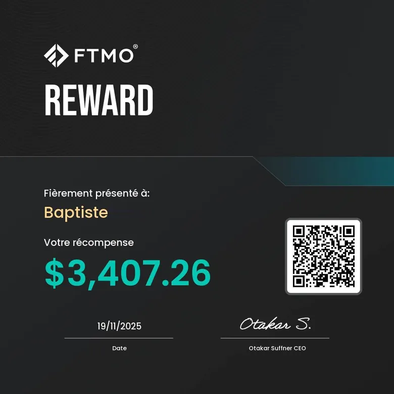 Certificat de retrait FTMO obtenu par Baptiste