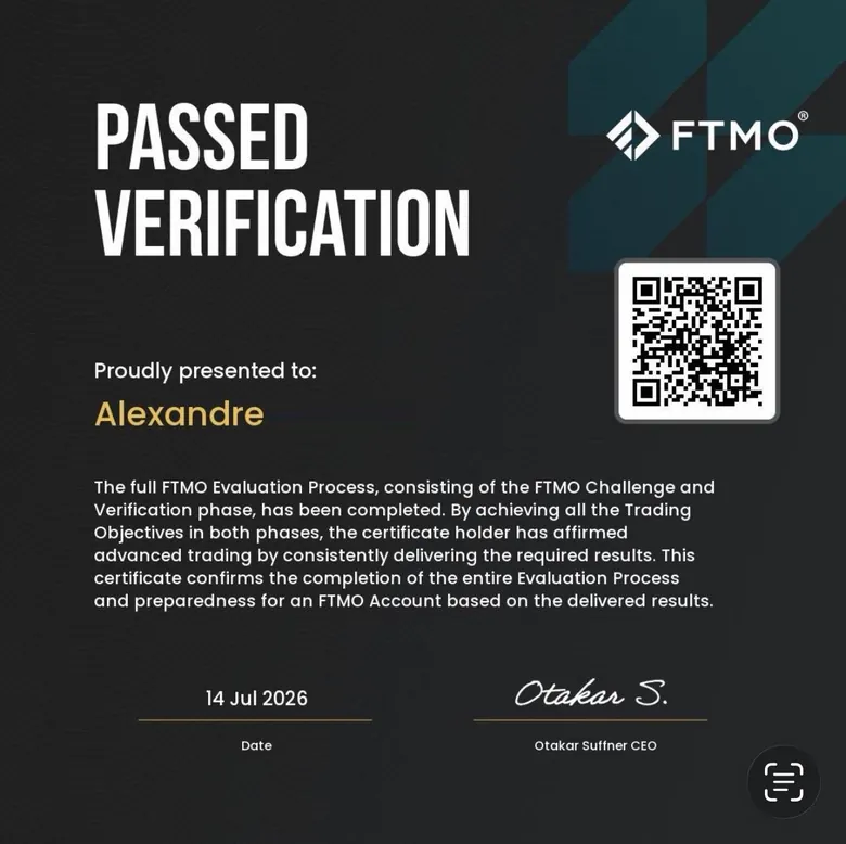 Certificat FTMO de phase de vérification validée par Alexandre